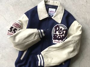 当時物 POSH BOY 袖革 スタジャン M ポッシュボーイ POSHBOY メンズ ブルゾン ジャケット 革ジャン 本革 牛革 レザー 刺繍 サガラワッペン