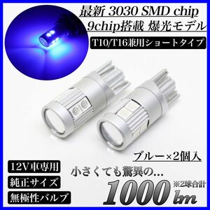 爆光 ショートタイプ モデル 12V ブルー T10 T16 兼用 無極性 LED バルブ ウェッジ球 2個入 ポジション