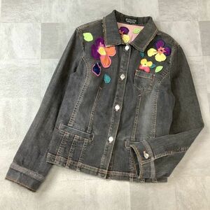 良品 SONIA RIKIEL ソニアリキエル 花柄 刺繍 デニムジャケット レディース 48 4XL 大きいサイズ ブラックデニム B96-100