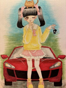 手描きイラスト　赤い車　ツインテール　女の子　猫　B5