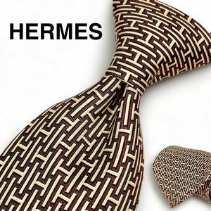 美品 HERMES エルメスH柄フランス製シルク100メンズハイブランドレギュラーネクタイ茶ブラウン×ベージュ冠婚葬祭結婚卒業式二次会パーティ