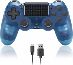 PS4 コントローラー Bluetooth ワイヤレス ゲームパッド 振動機能 充電式 日本語説明書 （スケルトンブルー　クリアブルー）