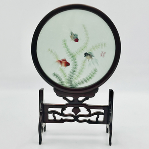 中国美術工芸 中国刺繍 金魚 置物 回転式 硝子衝立 刺繍盤 透かし彫り 