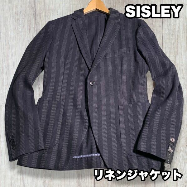 SISLEY ストライプ リネンジャケット 春夏 アンコンジャケット ネイビー テーラードジャケット シングル2B シスレー 48 Lサイズ