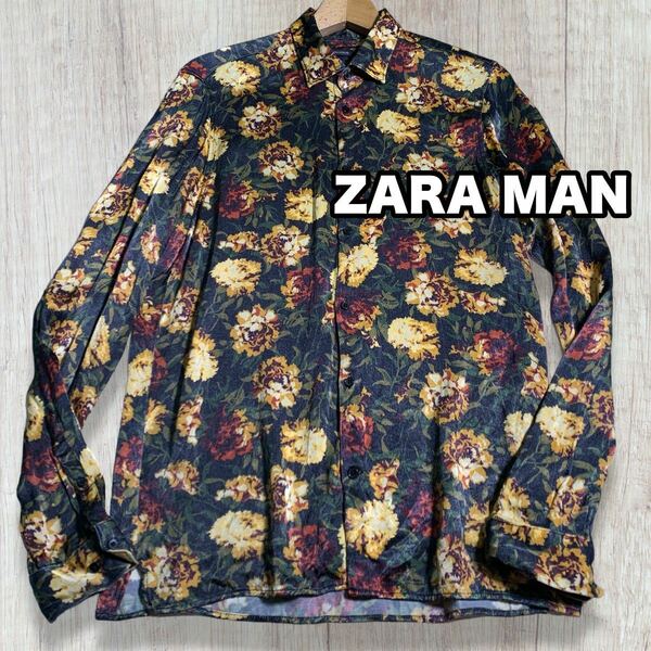 ZARA MAN 花柄 バラ レーヨン 長袖シャツ 総柄 ビンテージ Mサイズ 古着 柄シャツ 衣装 ボタンダウン