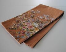 [IM] 未使用　袋帯　花草柄　刺繍　牡丹唐草文　ベージュ系　訪問着　和装　着物_画像1