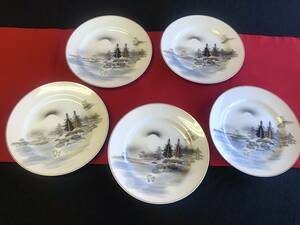 kutani tea ina. plate tableware 5 sheets set Mt Fuji & winter scenery Kutani export for beautiful goods delivery HAND PAINTED antique * Vintage 