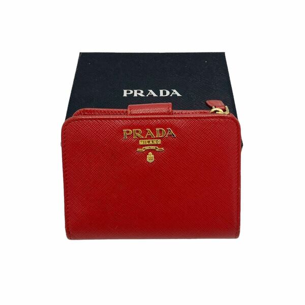 【美品】プラダ PRADA 1ML018 サフィアーノ レザー メタルロゴ ウォレット 二つ折り財布 レッド