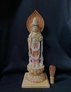 井波彫刻　仏教工芸品　彩繪 本金 切金 木彫仏教　仏師で仕上げ品　聖観音立像