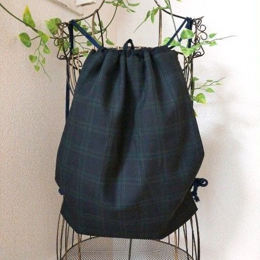 入園入学に*ハンドメイド*2WAYナップサック&体操着入れ*巾着袋《ブラックウォッチ》紺×黒 チェック