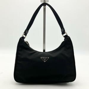 153 1円 極美品 PRADA プラダ ハンドバッグ 三角プレート ナイロン レザー ホーボー アクセサリーポーチ Re edition ブラック レディース