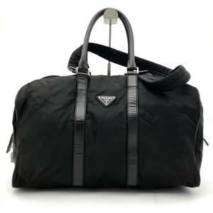 82 1円 美品 PRADA プラダ 2way ボストンバック 三角プレート ナイロン レザー ブラック 大容量 メンズ レディース 旅行 出張 斜め掛け