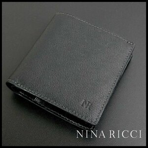 新品 1円～ ニナリッチ 二つ折り財布 黒 牛革製 型押し NINA RICCI メンズ 紳士 【B2314】