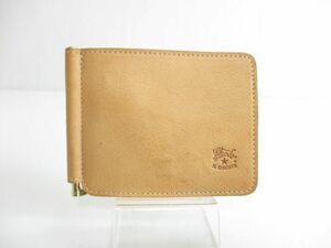 中古 イルビゾンテ IL BISONTE マネークリップ カードスリット付き 二つ折り財布 レザー ベージュ ロゴ型押し