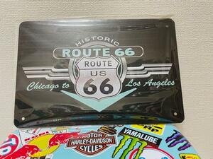 【E48】ROUTE66　ルート66　アメ車　バイク　ブリキ看板　レトロ調　壁掛け　インテリア　雑貨