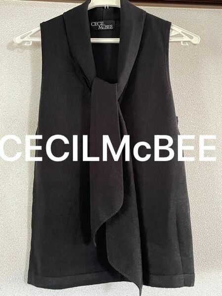 CECIL McBEE ニットトップス　ノースリーブ　セーター　ボウタイ　黒　カットソー　Mサイズ　手洗い可　セシルマクビー