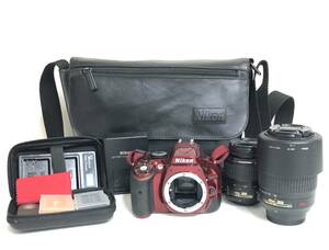 Nikon D5200 RED / ニコン / デジタル一眼レフカメラ 赤 / レンズ2点 バッテリー3点 バッグ その他付属品セット / 通電確認済 / 現状品