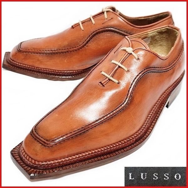 即決★LUSSO★メンズ40≒25㎝ レザービジネスシューズ ルッソ 良品 本革 ブラウン 茶 Uチップ レースアップ 革靴 本皮