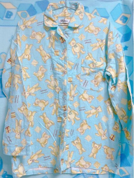 くまさん クッキー 水色 パジャマシャツ ファンシー レトロ 80s 90s 古着