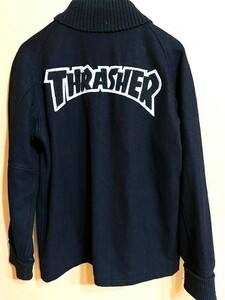 O-17★レア!!古着★スラッシャー THRASHER ボックススタジャン★L 黒 白刺繍 ウール ポリ