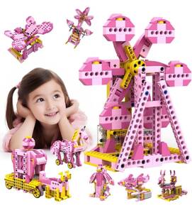 Apitor Robot G 8-in-1 「ピンクの遊園地シリーズ」ブロックセット - お姫様向けの組み立て ロボット おもちゃ、分類トレイ付きの知育玩具
