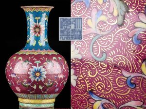 【流】中国美術 乾隆年製 色絵花図花瓶 高29cm TQ951