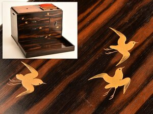 【流】木製漆器 黒柿造千鳥蒔絵針箱 TQ758