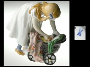 n260 Meissen マイセン 希少作品 ヘンチェル人形 ハンドペイント 人形と乳母車と少女 子供 大型 フィギュリン 飾物