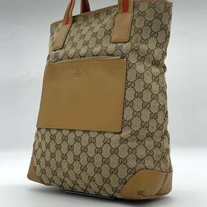 美品 GUCCI グッチ トートバッグ ハンドバッグ キャンバス GG柄 ブラウン シェリーライン 大容量 メンズ レディース ビジネス レザー 1円