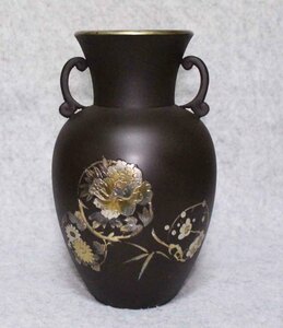 [銅花器f17]◆花瓶　四君子文◆24.5cm 金銀象嵌　梅 竹 菊 蘭 VASE 壺　 菊花図 梅花木図 1.3Kg　安田