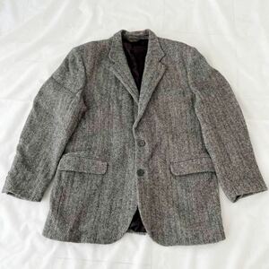 ビンテージ USA製 Harris Tweed ヘリンボーン ウール テーラードジャケット 80s オールド ハリスツイード アイビー グレー 黒 スーツ 70s