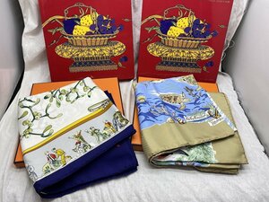 ■綺麗【HERMES エルメス カレ90 シルク100％ スカーフ neige d'antan Lavie Precieuse de la Mediterranee 大判 箱付き 2点セット】SH-176