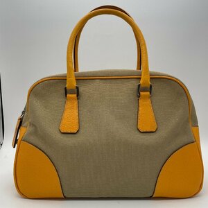 ω美品【PRADA プラダ ボストンバッグ B10813 ハンドバッグ レザー キャンバス イエロー カーキ ボーリングバッグ レディース BAG】TK1180