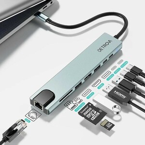 【未使用品】DETROVA USB C ハブ 8-in-1 PD100W Type-C 4K出力 HDMI 高速データ転送 1Gbps イーサネット microSD&SDカード スロット搭載 
