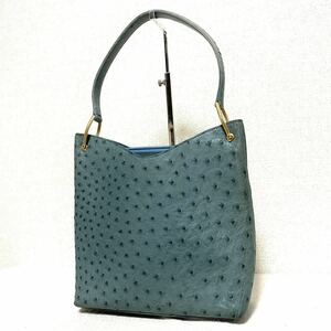 1円スタート！ 超美品 BLNOBLE ブルノーブル OSTRICH オーストリッチ ショルダーバッグ ターコイズ ハンドバッグ ブルー系 