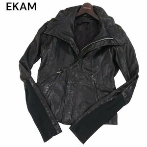 EKAM エカム 羊革★ リブ切替 ラム レザー ハイネック スリム ライダース ジャケット Sz.S　メンズ 黒　I4T00011_1#N