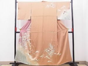 平和屋野田店■訪問着　駒刺繍　笠松扇面枝花文　たたき染め　金彩　逸品　n-qt0678