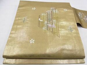 平和屋野田店■九寸名古屋帯　刺繍　舞蝶草花文　金糸　逸品　n-bg0577