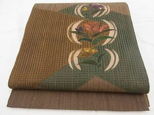 平和屋野田店■太鼓柄袋帯　スワトウ刺繍　パッチワーク　枝花文　金糸　逸品　n-te0649