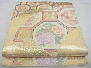 平和屋野田店■六通柄袋帯　唐織　工芸東錦　吉祥菊牡丹花文　純金箔　逸品　n-qw0561