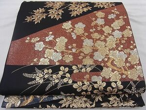 平和屋野田店■ファッションデザイナー 花井幸子　六通柄袋帯　梅花文　黒地　金糸　逸品　n-mz8337