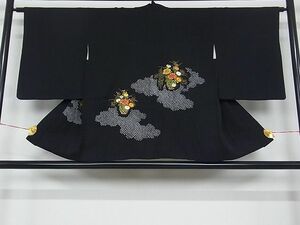 平和屋-こころ店■羽織　絞り　刺繍　飾花文　黒地　正絹　逸品　1B-wt1102