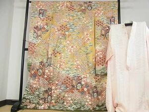 平和屋2■豪華振袖・長襦袢(袷）セット　半衿刺繍　駒刺繍　御所車吉祥花文　金彩　逸品　az6856