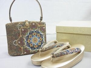 平和屋2■和装小物　バッグ・草履セット　天津風　正倉院花文　金糸　逸品　未使用　aaa5727