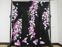 平和屋1□極上　大正の浮世絵師　竹久夢二　夢二ロマン　夢二好み　振袖　刺繍　薔薇　黒地　金銀彩　逸品3s20321_画像1