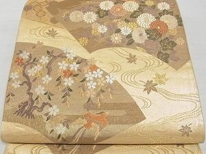 平和屋-こころ店■六通柄袋帯　流水地紙花鳥文　金糸　正絹　逸品　A-gk1054