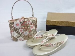 平和屋2■和装小物　バッグ・草履セット　舞花文　金糸　LLサイズ　逸品　aaa5816