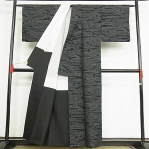 平和屋-こころ店■結城紬 100亀甲 家屋風景文 着丈156.5cm 裄丈63cm 正絹 逸品 1B-np1222の画像2