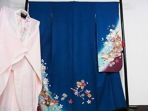 平和屋-こころ店■豪華振袖　長襦袢セット　駒刺繍　花宝尽くし　暈し染め　金彩　着丈160cm　裄丈66cm　正絹　逸品　B-oa7859