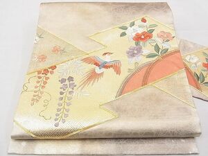 平和屋野田店■佐賀錦　九寸名古屋帯　駒刺繍　変わり松皮菱花鳥文　金糸　逸品　n-hv3461